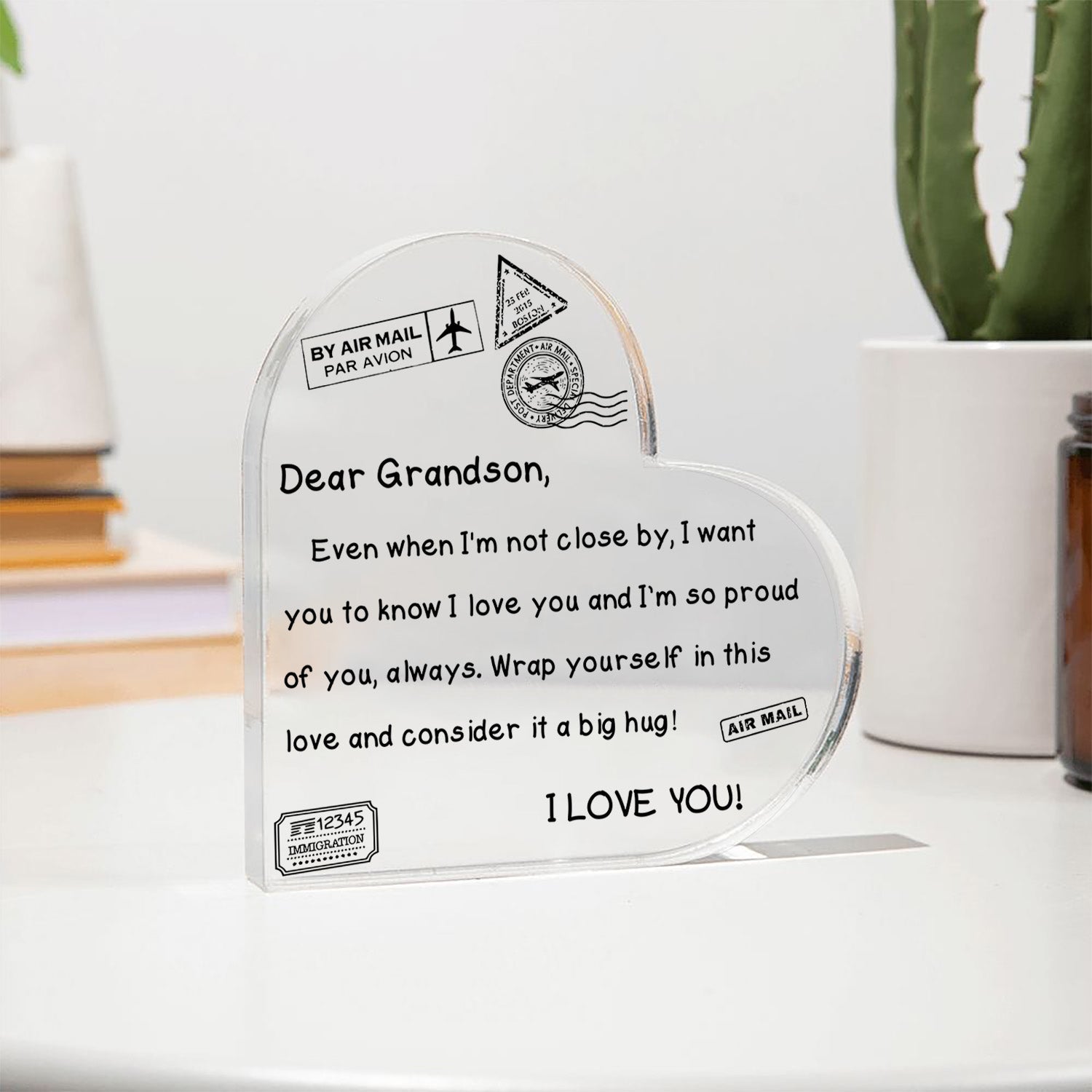 To My Grandson - I Love You - D352 - Heart Shaped Acrylic Plaque