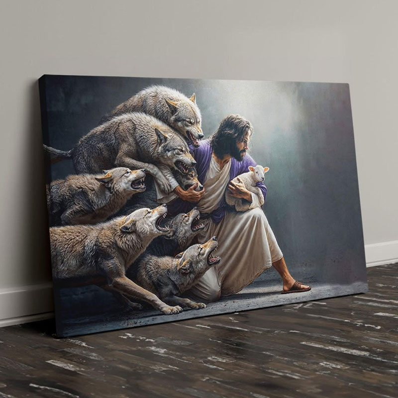 Jesus Guards the Lamb Against Wolves - D377 - Gallery Wrapped Canvas Prints