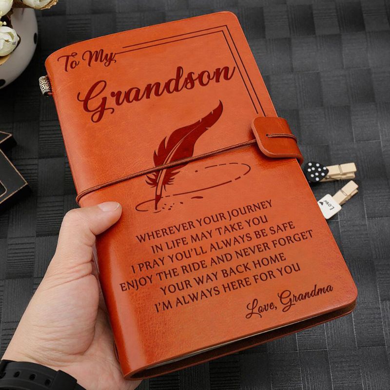 Grandma To Grandson - Enjoy The Ride - Engraved Leather Journal Notebook-Jolura