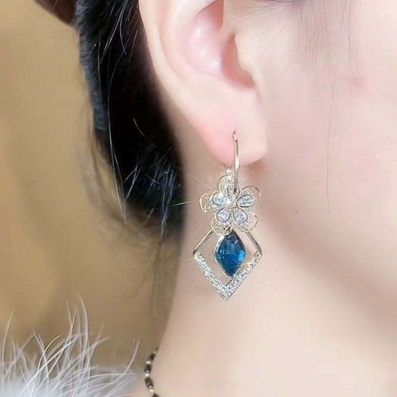 Flower Zircon Rhombic Sapphire Drop Earrings-Jolura
