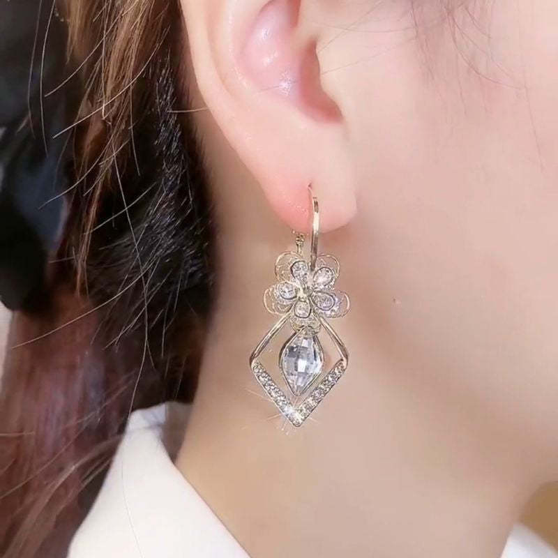 Flower Zircon Rhombic Sapphire Drop Earrings-Jolura