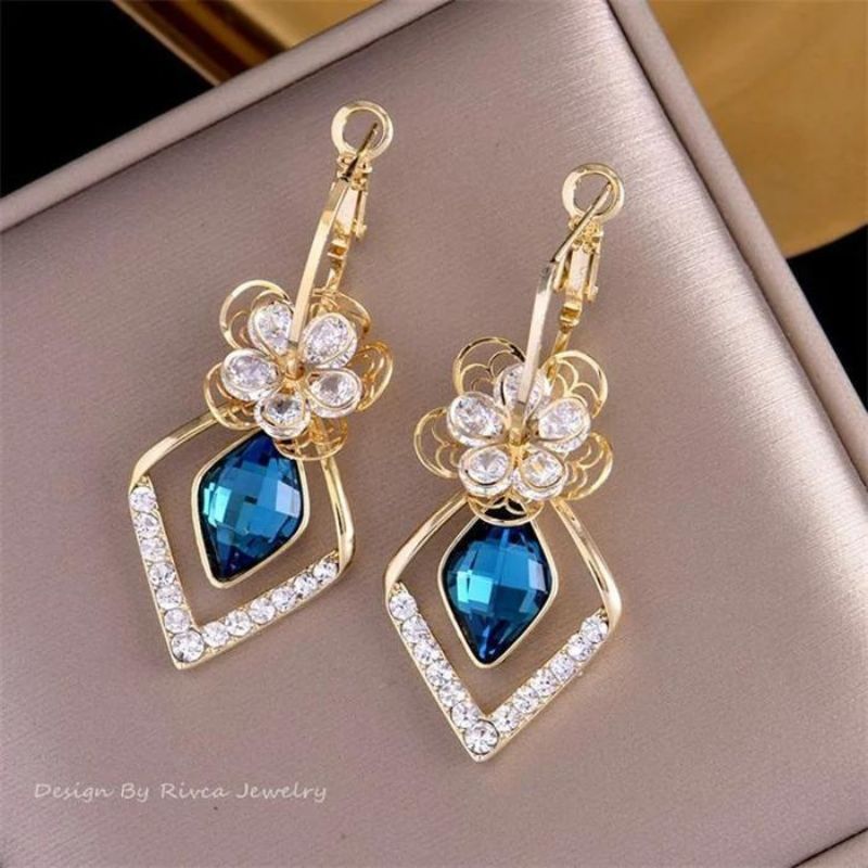 Flower Zircon Rhombic Sapphire Drop Earrings-Jolura