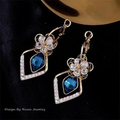 Flower Zircon Rhombic Sapphire Drop Earrings-Jolura