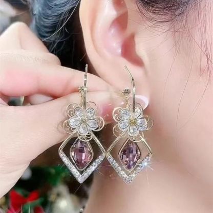 Flower Zircon Rhombic Sapphire Drop Earrings-Jolura