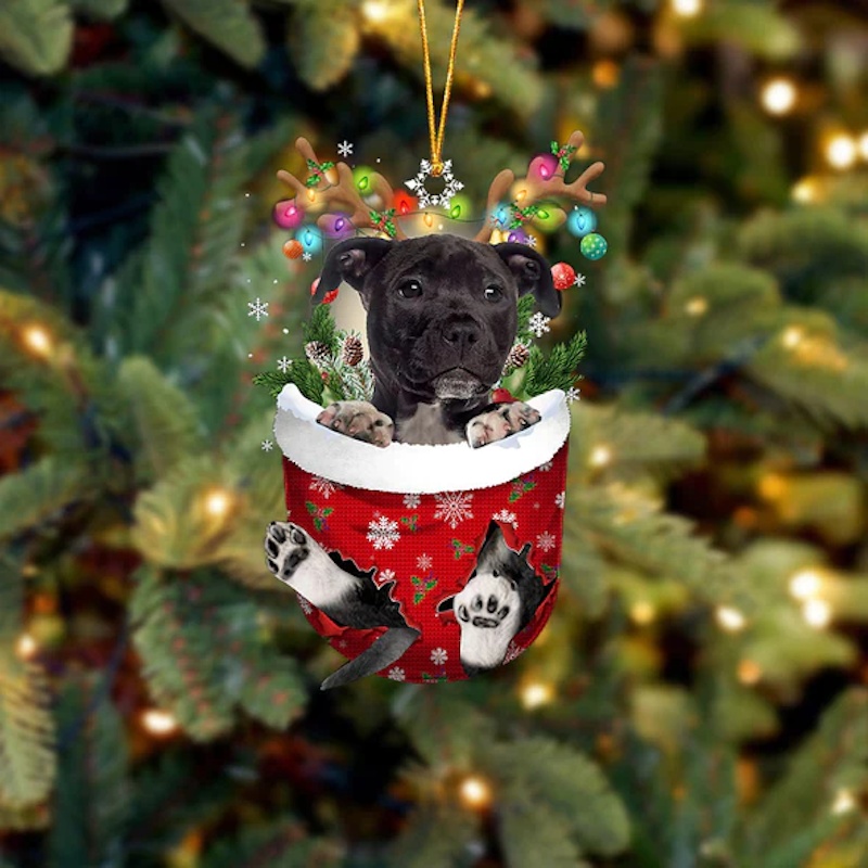 American Staffordshire Terrier In Snow Pocket Christmas Ornament SP052-Jolura