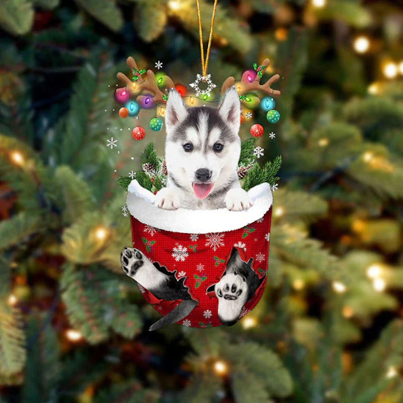 Husky In Snow Pocket Christmas Ornament SP072-Jolura