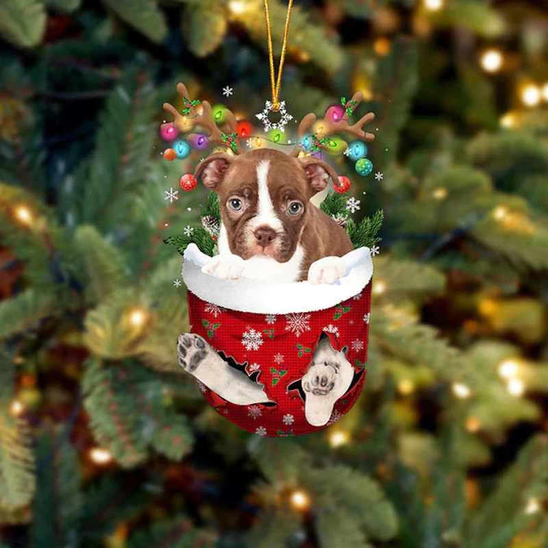 Boston Terrier In Snow Pocket Christmas Ornament SP096-Jolura