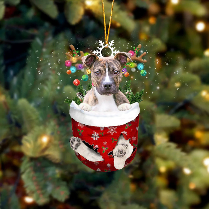 Brindle Pitbull In Snow Pocket Christmas Ornament SP107-Jolura