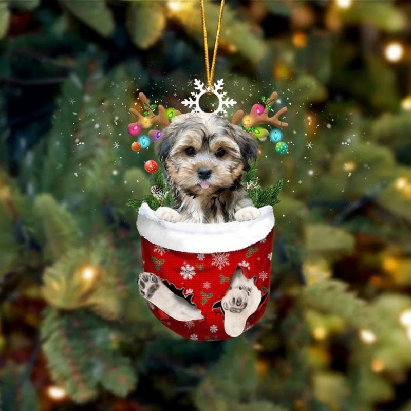 Brown Shorkie In Snow Pocket Christmas Ornament SP125-Jolura