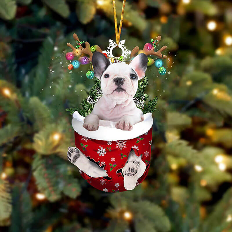 White French BullDog In Snow Pocket Christmas Ornament SP143-Jolura