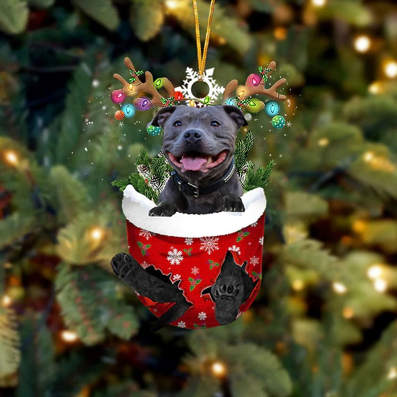 English Staffordshire Bull Terrier In Snow Pocket Christmas Ornament SP210-Jolura