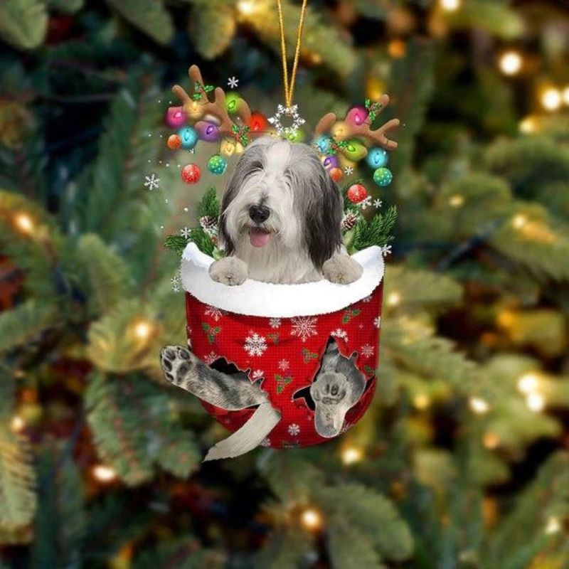 Bearded Collie In Snow Pocket Christmas Ornament SP218-Jolura
