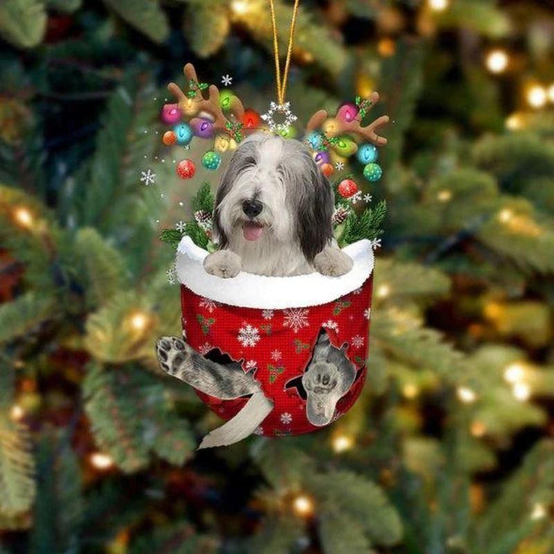 Bearded Collie In Snow Pocket Christmas Ornament SP218-Jolura