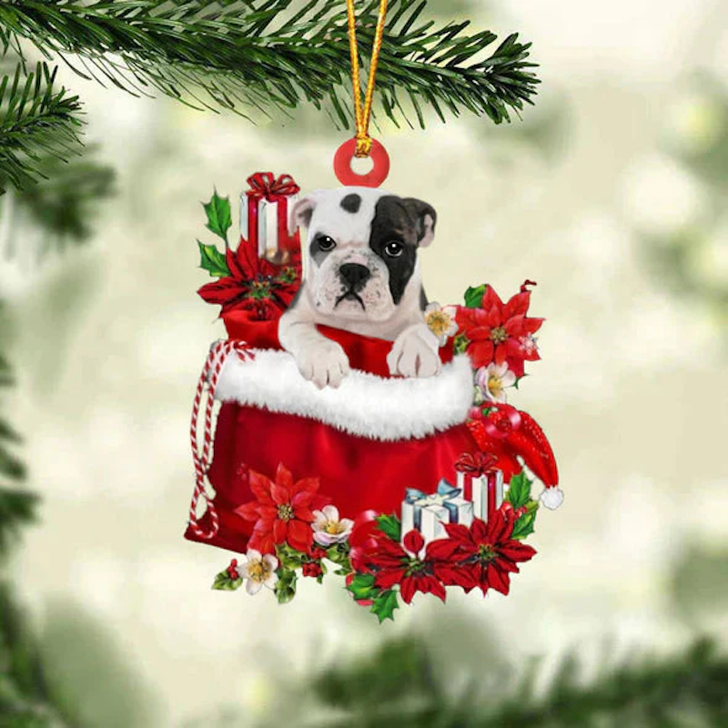 Bulldog In Gift Bag Christmas Ornament GB087-Jolura