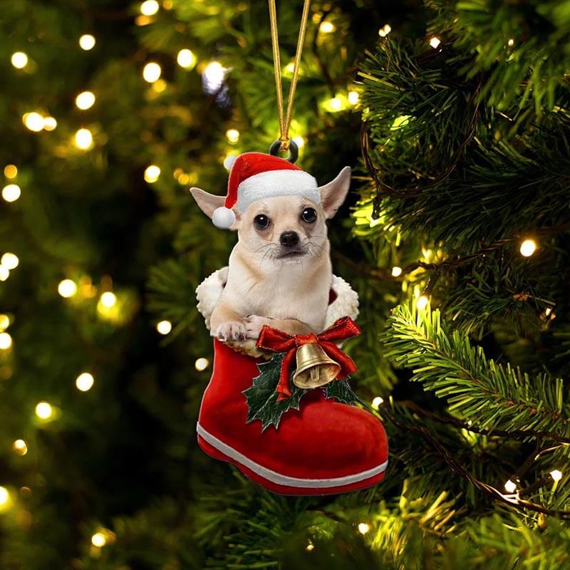 Cream Chihuahua In Santa Boot Christmas Hanging Ornament SB029-Jolura