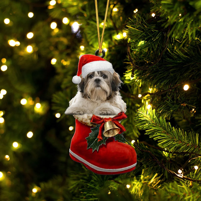 Shih Tzu Silver & White In Santa Boot Christmas Hanging Ornament SB033-Jolura
