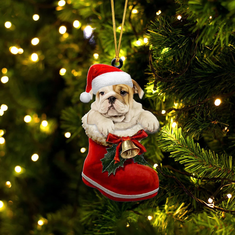 Bulldog In Santa Boot Christmas Hanging Ornament SB041-Jolura