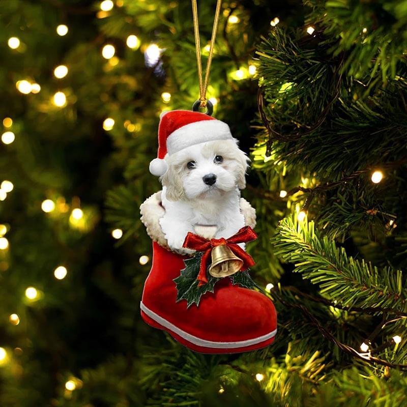 White Cavachon In Santa Boot Christmas Hanging Ornament SB044-Jolura