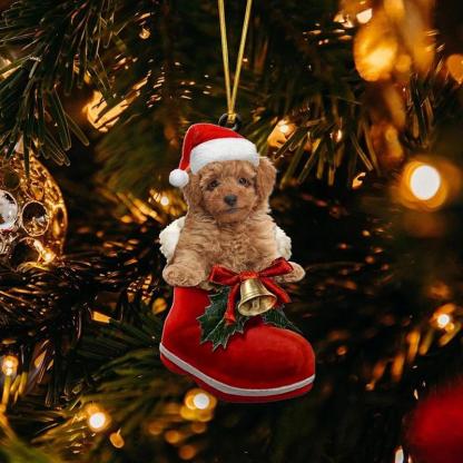Brown Poodle In Santa Boot Christmas Hanging Ornament SB046-Jolura