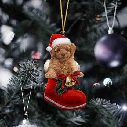 Brown Poodle In Santa Boot Christmas Hanging Ornament SB046-Jolura