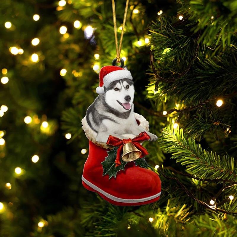Grey Husky In Santa Boot Christmas Hanging Ornament SB048-Jolura