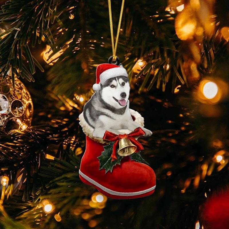 Grey Husky In Santa Boot Christmas Hanging Ornament SB048-Jolura