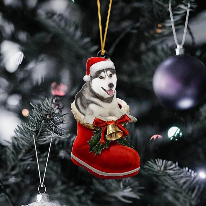 Grey Husky In Santa Boot Christmas Hanging Ornament SB048-Jolura