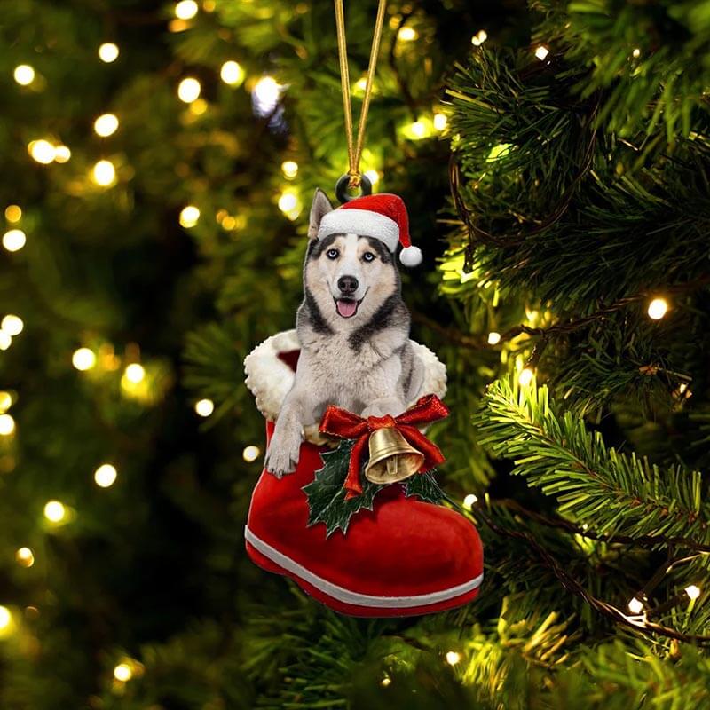 White Husky In Santa Boot Christmas Hanging Ornament SB060-Jolura