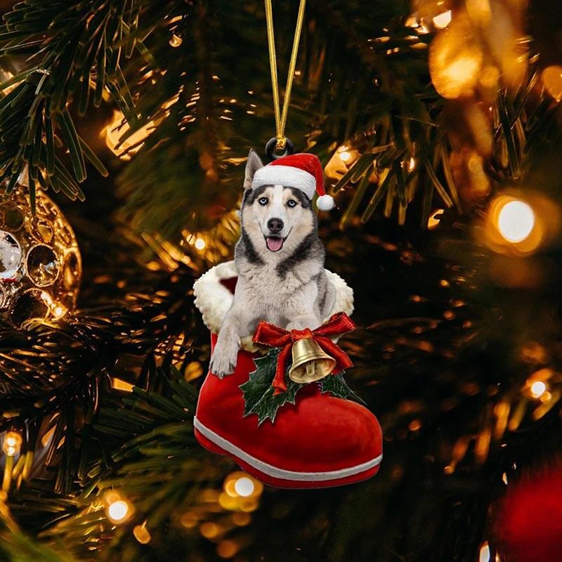 White Husky In Santa Boot Christmas Hanging Ornament SB060-Jolura