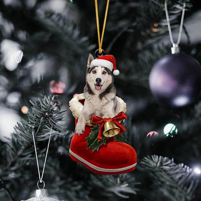 White Husky In Santa Boot Christmas Hanging Ornament SB060-Jolura