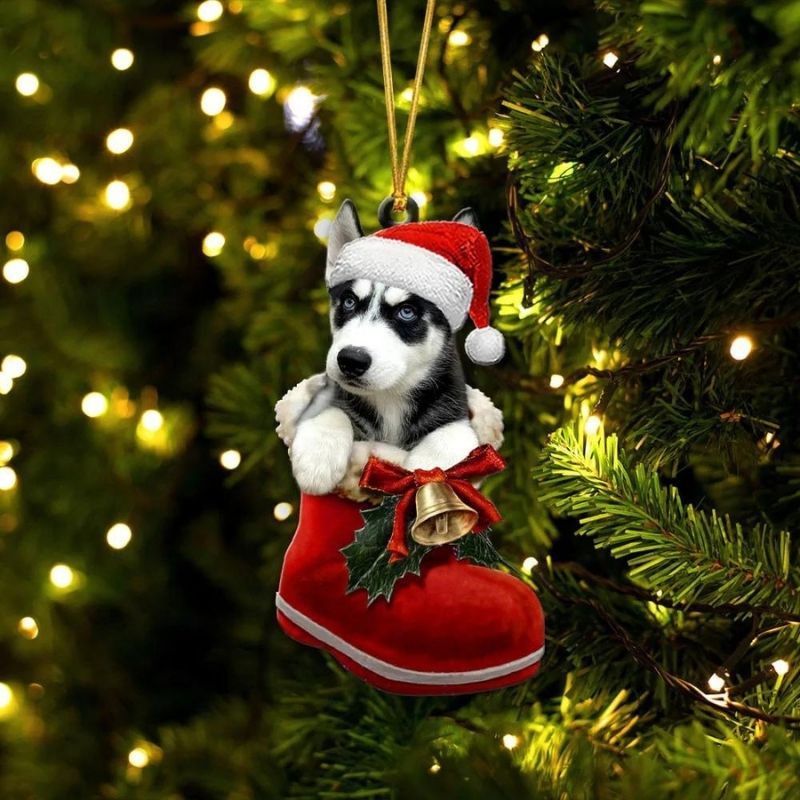 Siberian Husky Black White In Santa Boot Christmas Hanging Ornament SB135-Jolura