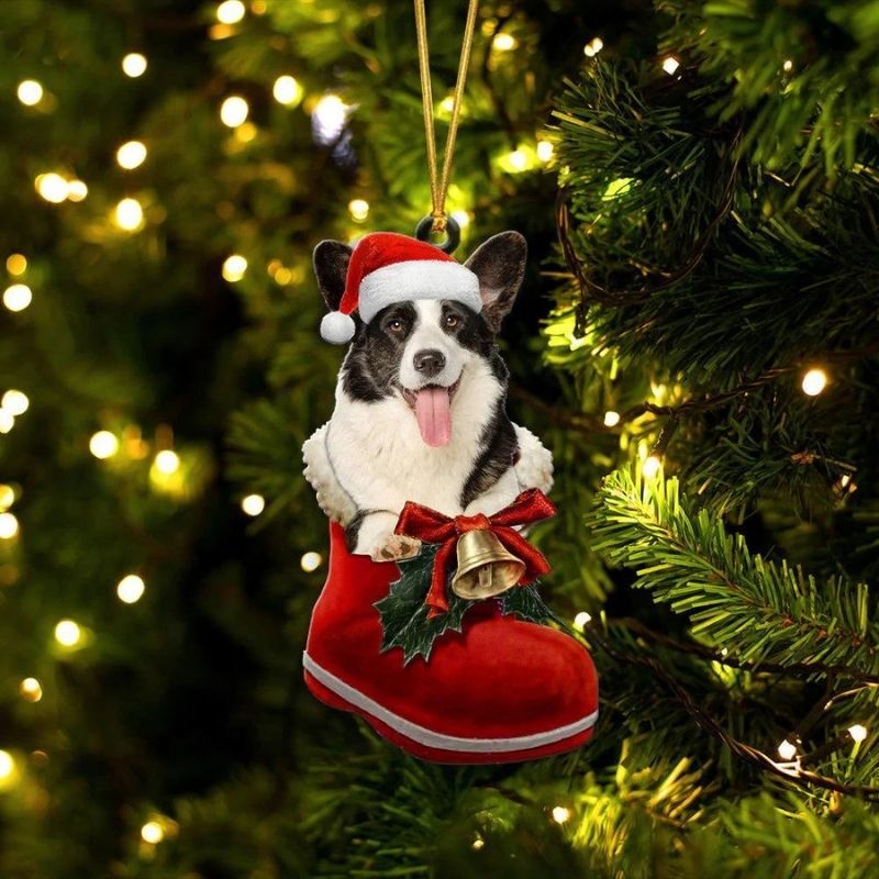 Pembroke Welsh Corgi Sable & White In Santa Boot Christmas Hanging Ornament SB176-Jolura
