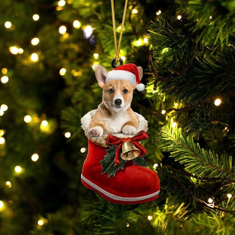 Pembroke Welsh Corgi Fawn & White In Santa Boot Christmas Hanging Ornament SB178-Jolura