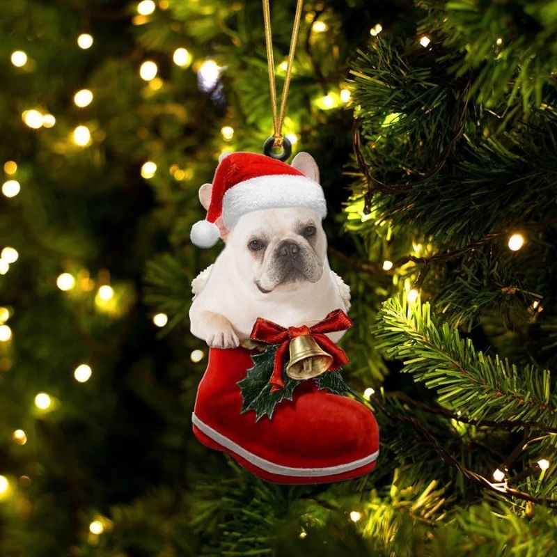 French Bulldog White In Santa Boot Christmas Hanging Ornament SB180-Jolura
