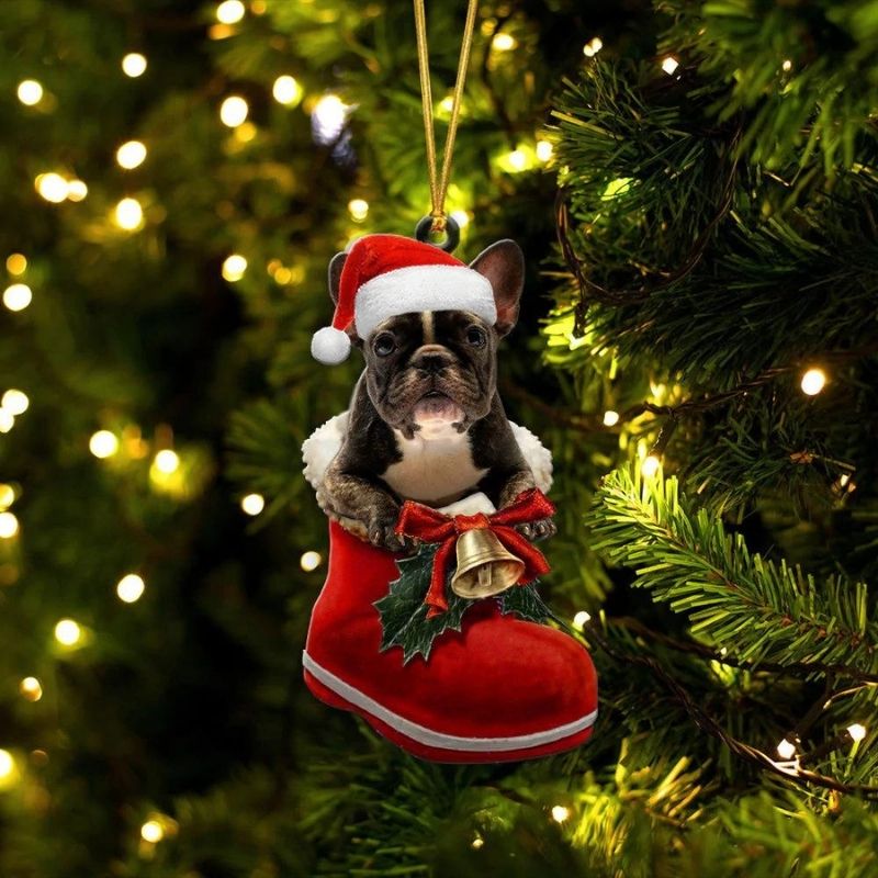 French Bulldog Brindle and White In Santa Boot Christmas Hanging Ornament SB182-Jolura