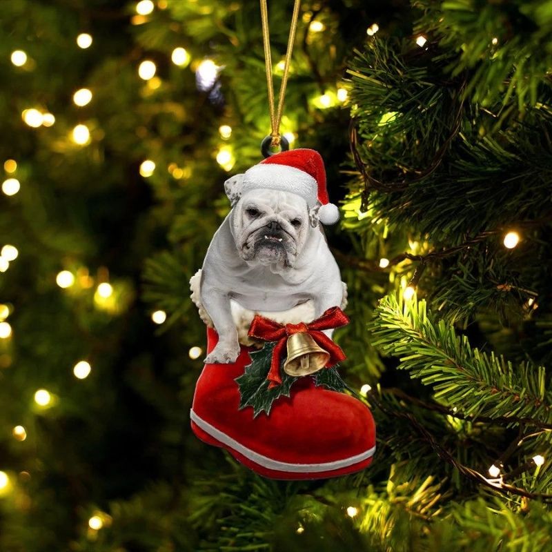 English Bulldog White In Santa Boot Christmas Hanging Ornament SB183-Jolura