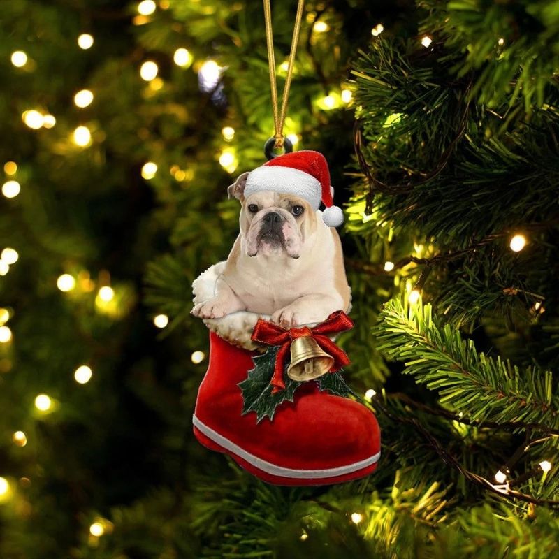English Bulldog Fawn In Santa Boot Christmas Hanging Ornament SB184-Jolura