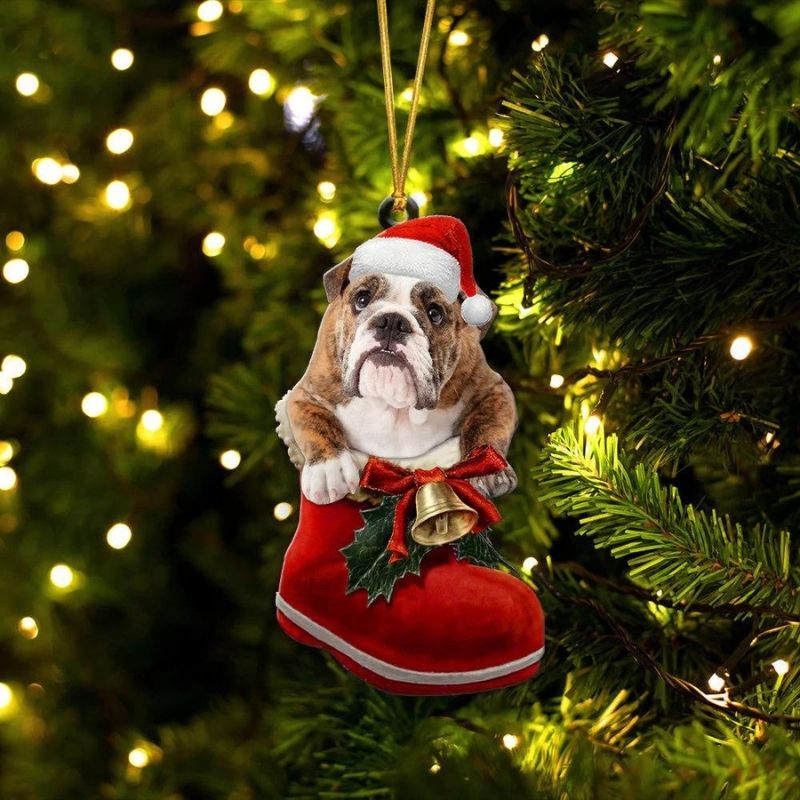 English Bulldog Brindle In Santa Boot Christmas Hanging Ornament SB185-Jolura