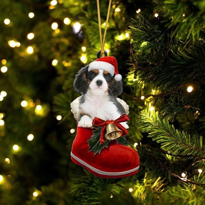 Cavalier King Charles Spaniel Tri-color In Santa Boot Christmas Hanging Ornament SB191-Jolura