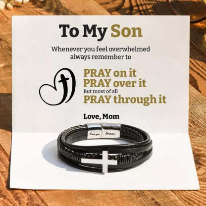 To My Son Pray Through It Leather Cross Bracelet - Card050-Jolura