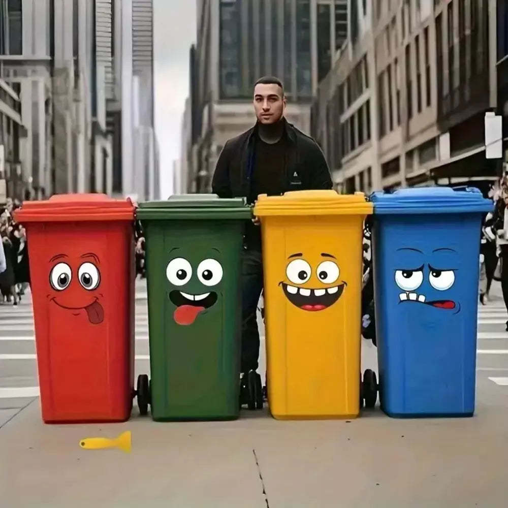 Cartoon face stickers decorating a trash can