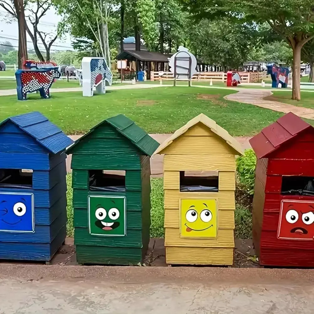 Trash can decorated with colorful cartoon face stickers