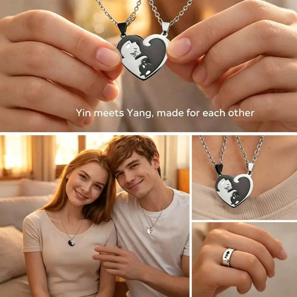 Collage showing a custom Yin-Yang heart pendant necklace being held by hands, with a couple wearing matching necklaces in a living room, close-up of the pendant, and a hand wearing the necklace.