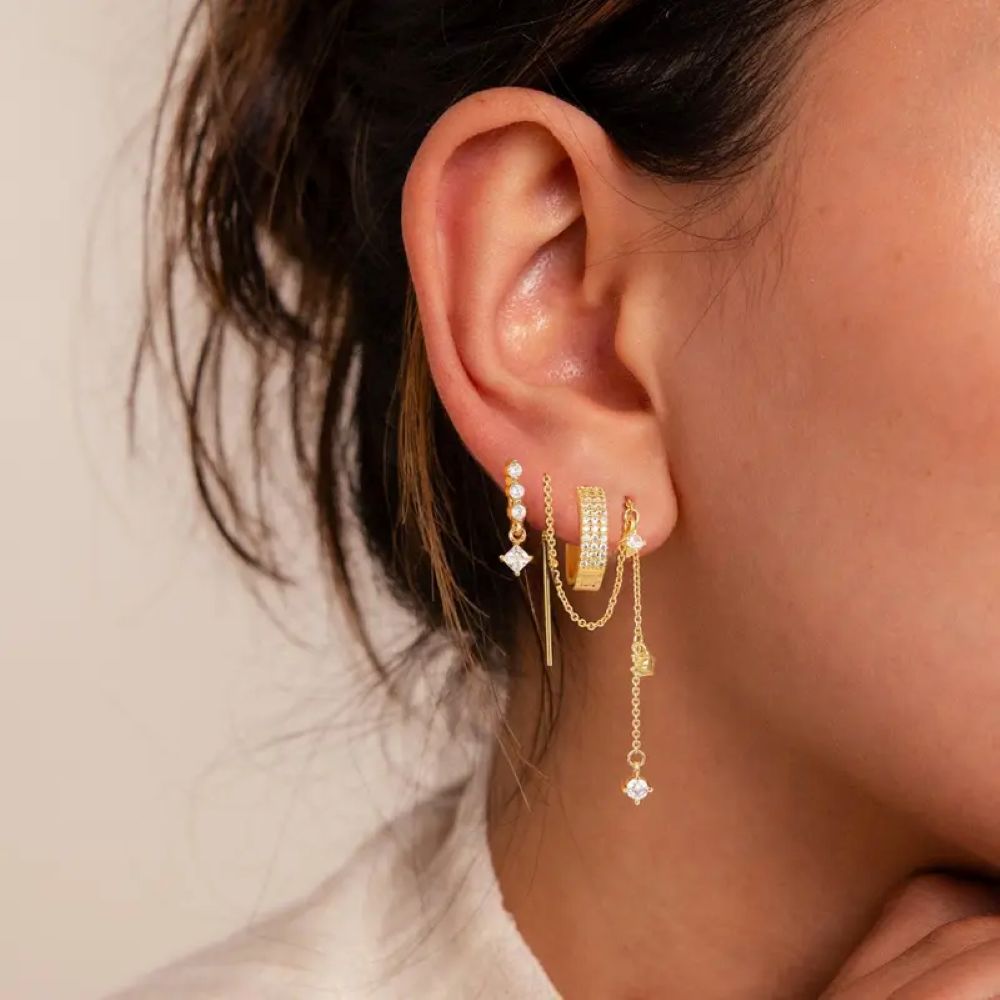 Gold Star Earring Set: Dangle Hoop & Stud Stacking Earrings