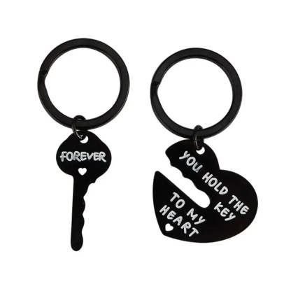 Black key and heart-shaped keychain with engraved text on a white background