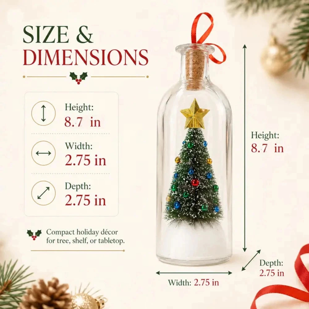A glass holiday ornament bottle with a miniature Christmas tree inside, shown with overlaid size and dimension labels: height 8.7 in, width 2.
