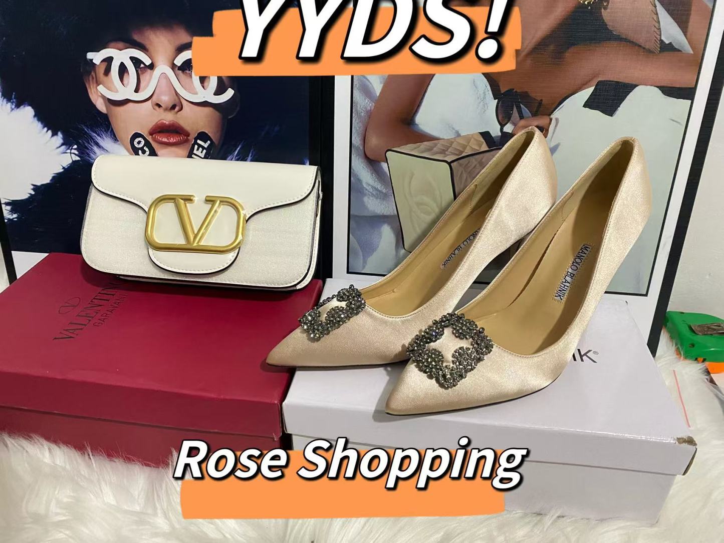 Valentino white bag/high heels /green high heels