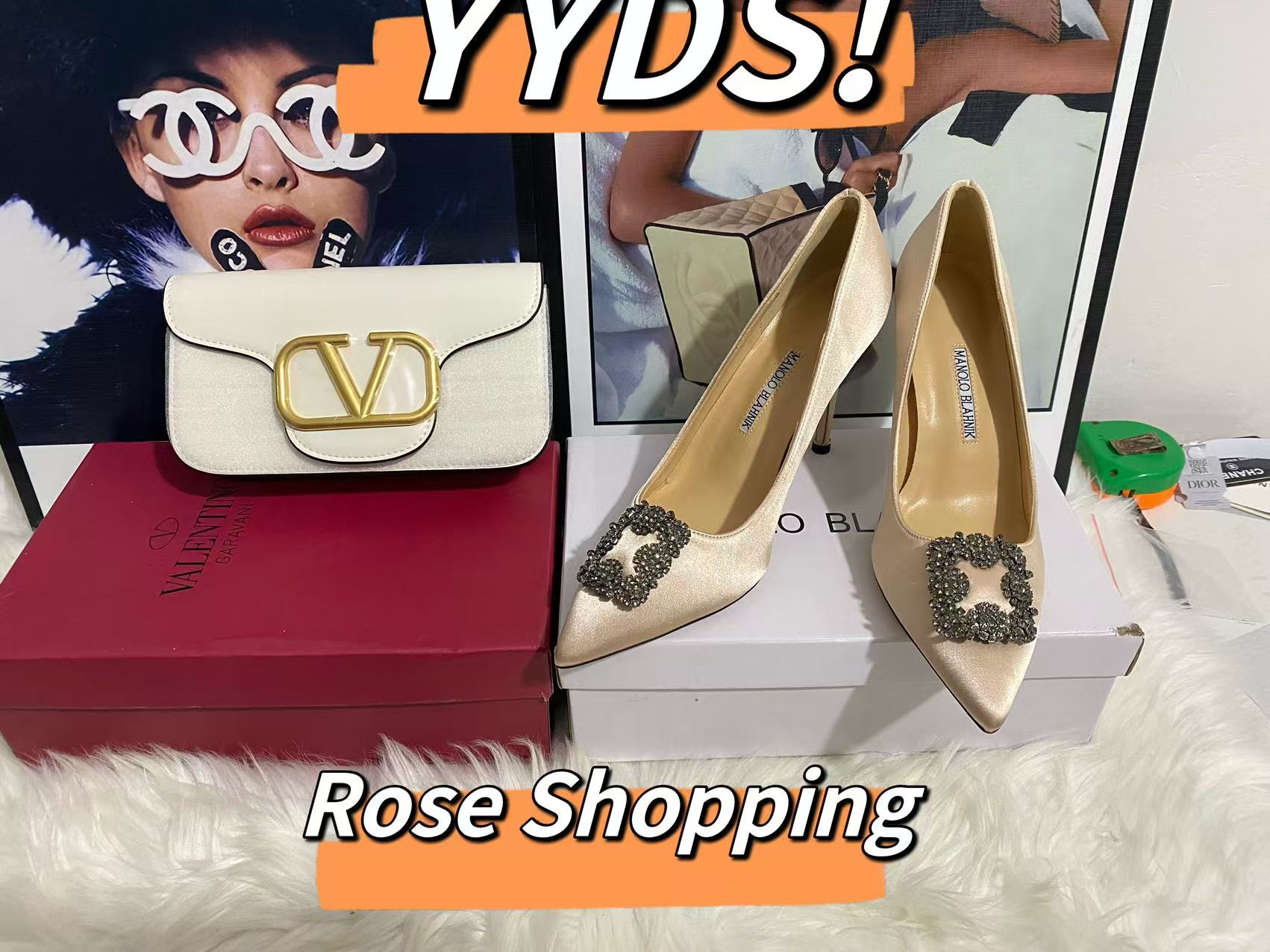 Valentino white bag/high heels /green high heels