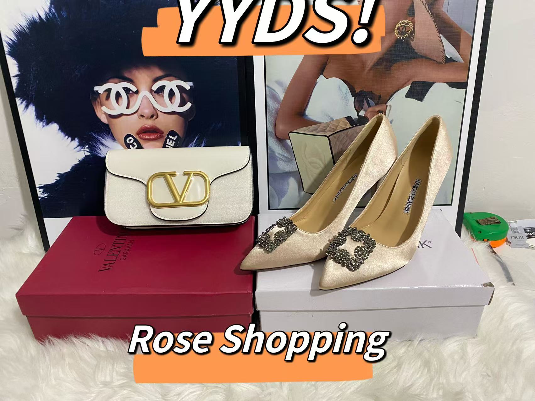 Valentino white bag/high heels /green high heels