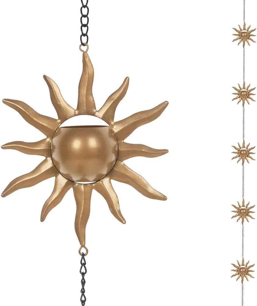 Sun Shape Rain Chain, 9.19 FT Rain Catcher Chain with 8 Cups, Rain Chains for Outside, Replacement Downspouts